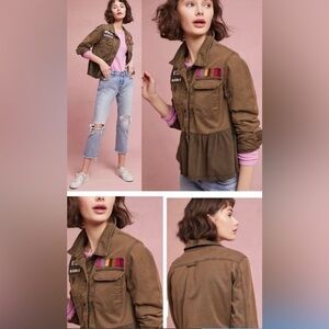 Anthropologie Peplum Embellished Military Jacket Beaded Embroidered Green Sz S